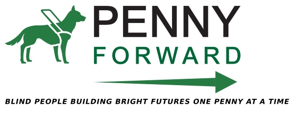 The Penny Forward Logo with a guide dog to the left, the words Penny Forward, and an arrow pointing to the right underneath