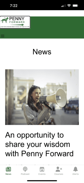 A screenshot of the News tab in the Penny Forward mobile app