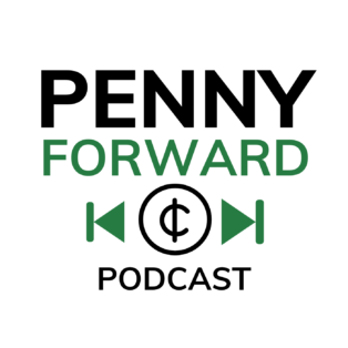 Penny Forward Podcast logo with backward and forward buttons and the cent symbol inside a circle replacing the play button.