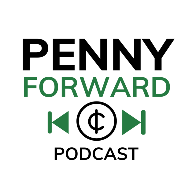 Penny Forward Podcast logo with backward and forward buttons and the cent symbol inside a circle replacing the play button.