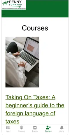 Penny Forward Courses page as displayed on an iPhone.