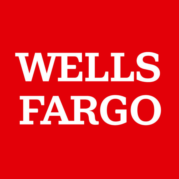Words Wells Fargo in white bold letters in a red square.