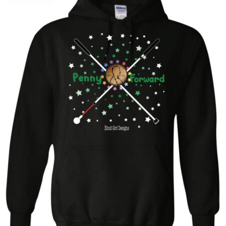 photo of Penny Forward black hoodie. The design has two white cane’s crossed in an x shape with a penny in the center. "Penny" is on the left of the penny with "Forward" on the right in green. There are colorful stars all around the graphic with Blind Girl Designs at the bottom.