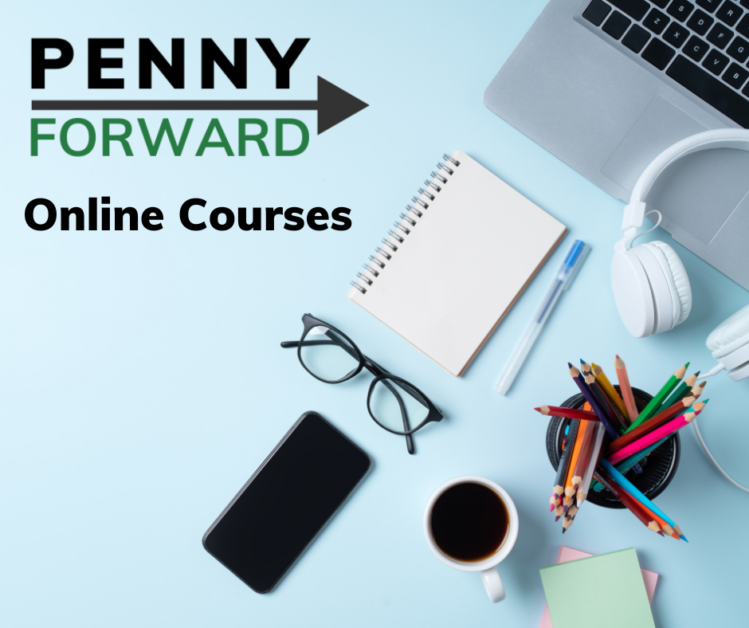 Penny Forward Online Courses - background image of various desk items including laptop, pencils and paper.